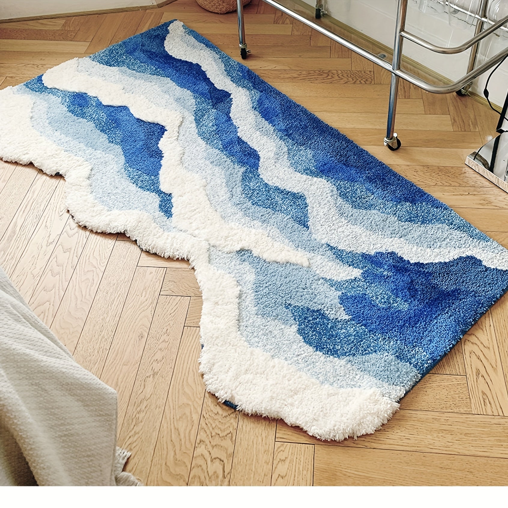 1pc Sea Wave Flocking Bathroom Non-slip Mat, Front Bed Blanket, Coffee Table Non-slip Blue Special-shaped Living Room Bedroom Foot Pad, Floor Mat fluffy plush winter decor