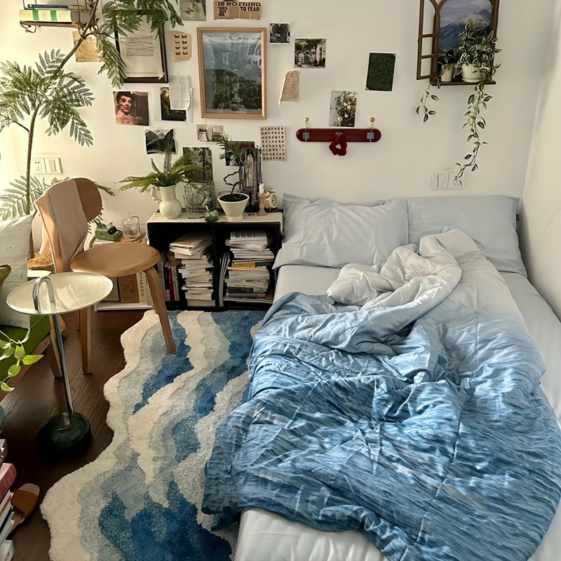1pc Sea Wave Flocking Bathroom Non-slip Mat, Front Bed Blanket, Coffee Table Non-slip Blue Special-shaped Living Room Bedroom Foot Pad, Floor Mat fluffy plush winter decor
