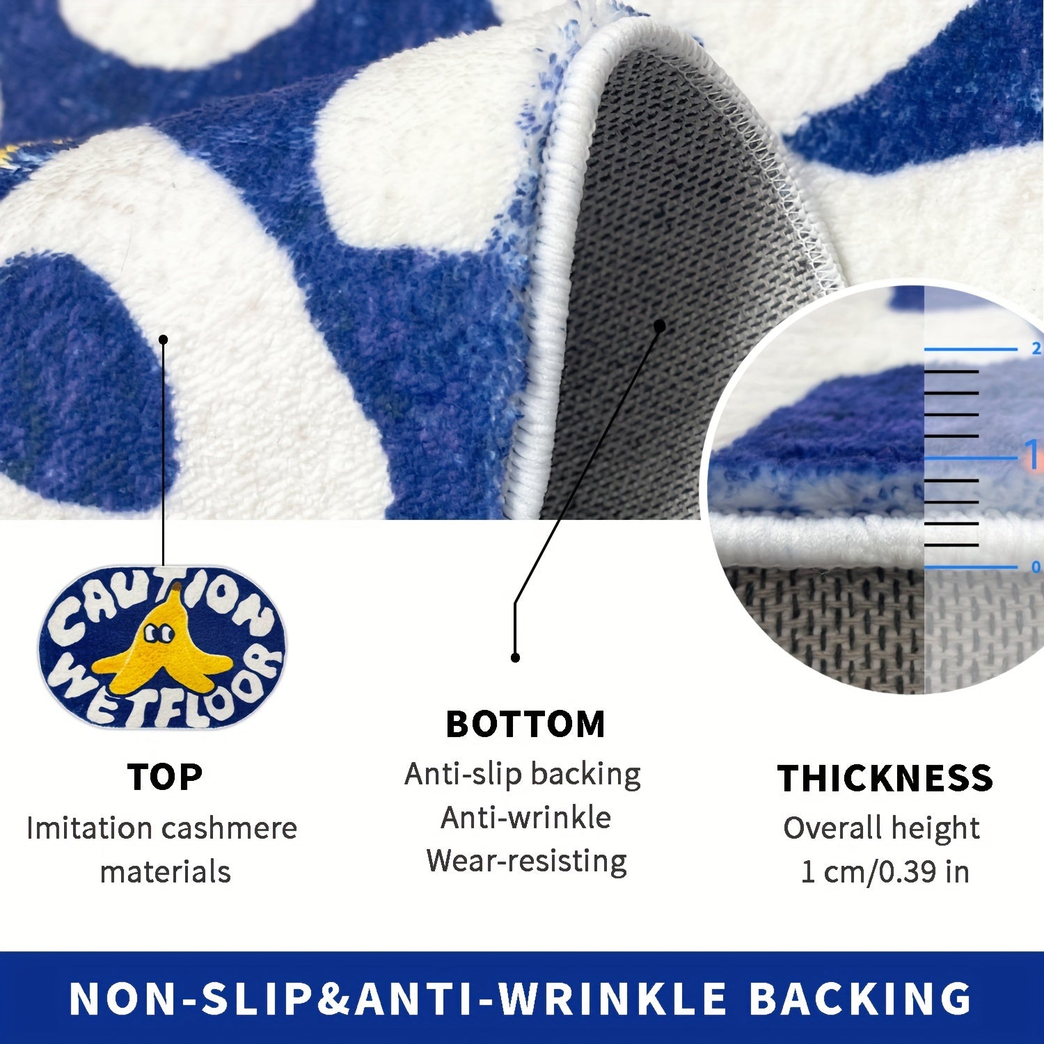 [Cartoon Carpet] 1pc Blue Cartoon Creative Caution Wet Floor Carpet | Soft and Comfortable Imitation Cashmere Material, TPR Non-slip Bottom Back | Suitable for Bathroom, Laundry Room, Kitchen, Washstand, Creative Door Mat and other Indoor Home Carpet