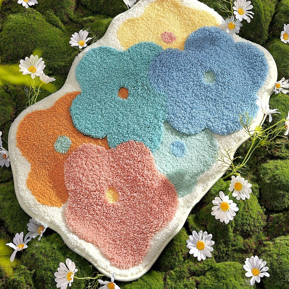 [Soft Bathroom Mat] Soft, Absorbent, Durable Polyester Blend Bathroom Mat - Colorful Flower-Shaped Non-Slip Floor Mat | Vibrant Orange, Blue, Pink, and Green Petal Designs | Ideal for Shower and Bathroom Use