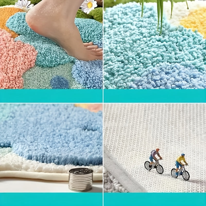 [Soft Bathroom Mat] Soft, Absorbent, Durable Polyester Blend Bathroom Mat - Colorful Flower-Shaped Non-Slip Floor Mat | Vibrant Orange, Blue, Pink, and Green Petal Designs | Ideal for Shower and Bathroom Use