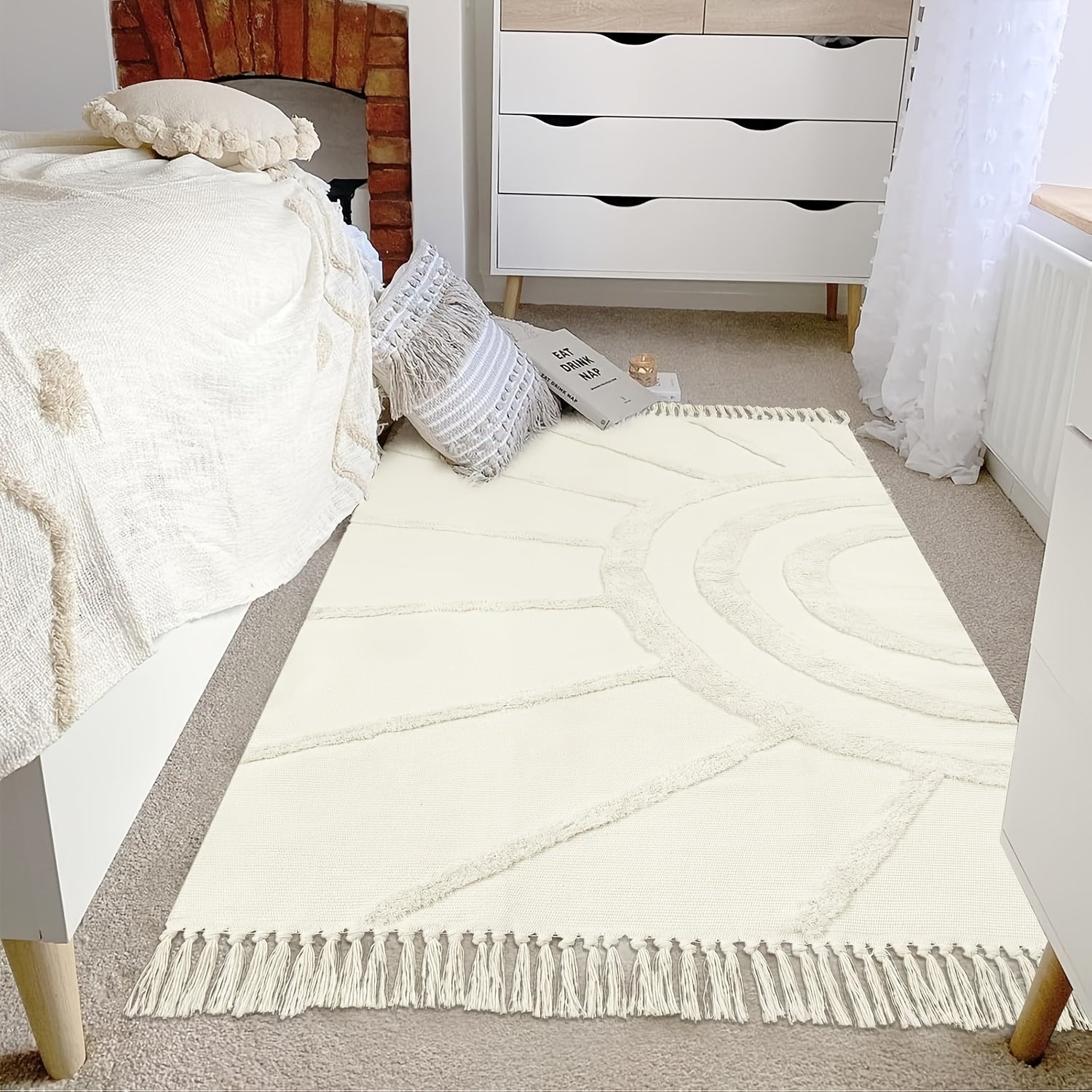 1pc Bohemian Sunburst Area Rug, Machine Washable Polyester Blend, Braided Rectangle Bath Mat, 2000gsm, 0.59inch Thick, Farmhouse Style Bedroom Carpet, Non-Slip Floor Covering for Living Room, Kitchen, Christmas Decor