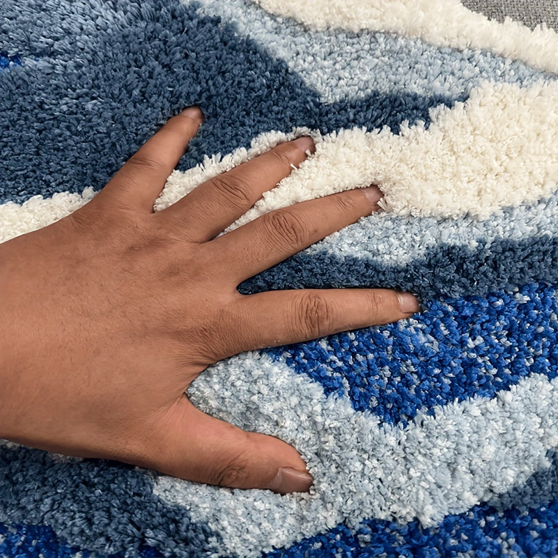 1pc Abstract Wave Design Flocked Bath Mat, Soft Comfortable Non-Slip Rubber Backed Polyester Blend, Machine Washable, Decorative Oblong Tufted Carpet for Bedroom, Living Room, and Coffee Table, Living Room Accent | Decorative Carpet | Nonslip Rubber