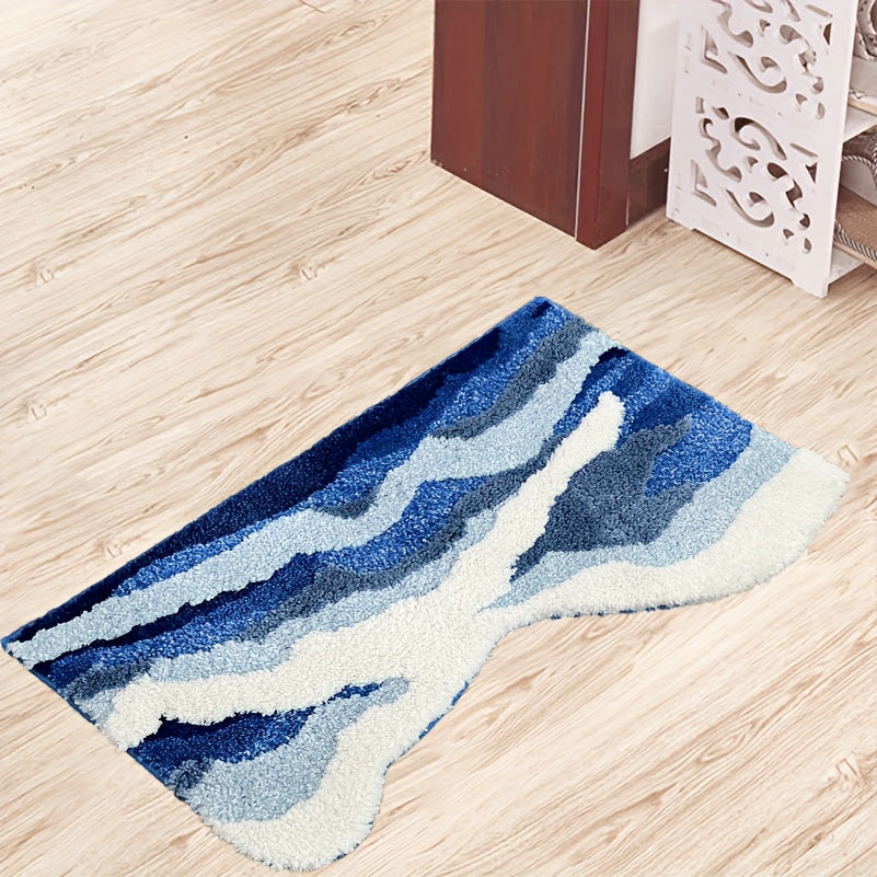 1pc Abstract Wave Design Flocked Bath Mat, Soft Comfortable Non-Slip Rubber Backed Polyester Blend, Machine Washable, Decorative Oblong Tufted Carpet for Bedroom, Living Room, and Coffee Table, Living Room Accent | Decorative Carpet | Nonslip Rubber
