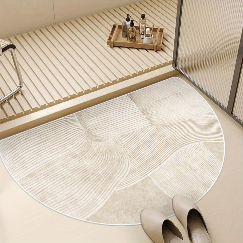 1pc, Soft Fleece Washed Base, Anti-Slip, Machine Washable, Easy Fold, 1100gsm, 4.3mm Thick, Half-Circle Doorway Mat, Minimalist Beige Irregular Line Bathroom Rug, Comfortable Plush Non-Slip Foot Mat for Home Entrance Decor
