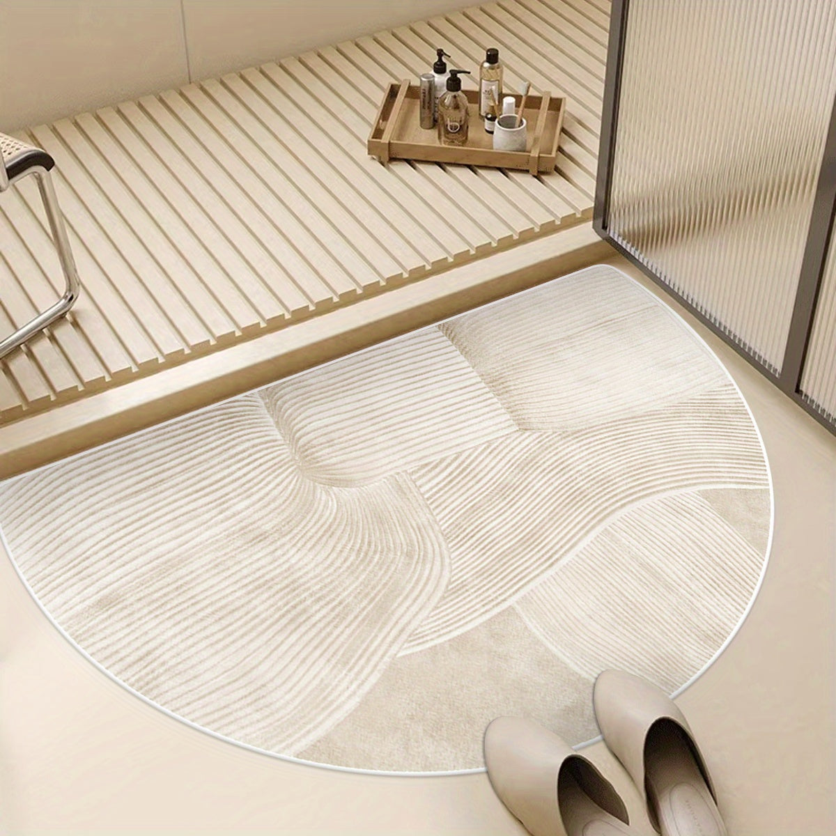 1pc, Soft Fleece Washed Base, Anti-Slip, Machine Washable, Easy Fold, 1100gsm, 4.3mm Thick, Half-Circle Doorway Mat, Minimalist Beige Irregular Line Bathroom Rug, Comfortable Plush Non-Slip Foot Mat for Home Entrance Decor