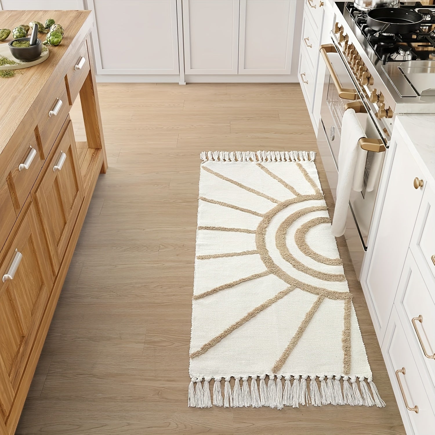 1pc Bohemian Sunburst Area Rug, Machine Washable Polyester Blend, Braided Rectangle Bath Mat, 2000gsm, 0.59inch Thick, Farmhouse Style Bedroom Carpet, Non-Slip Floor Covering for Living Room, Kitchen, Christmas Decor