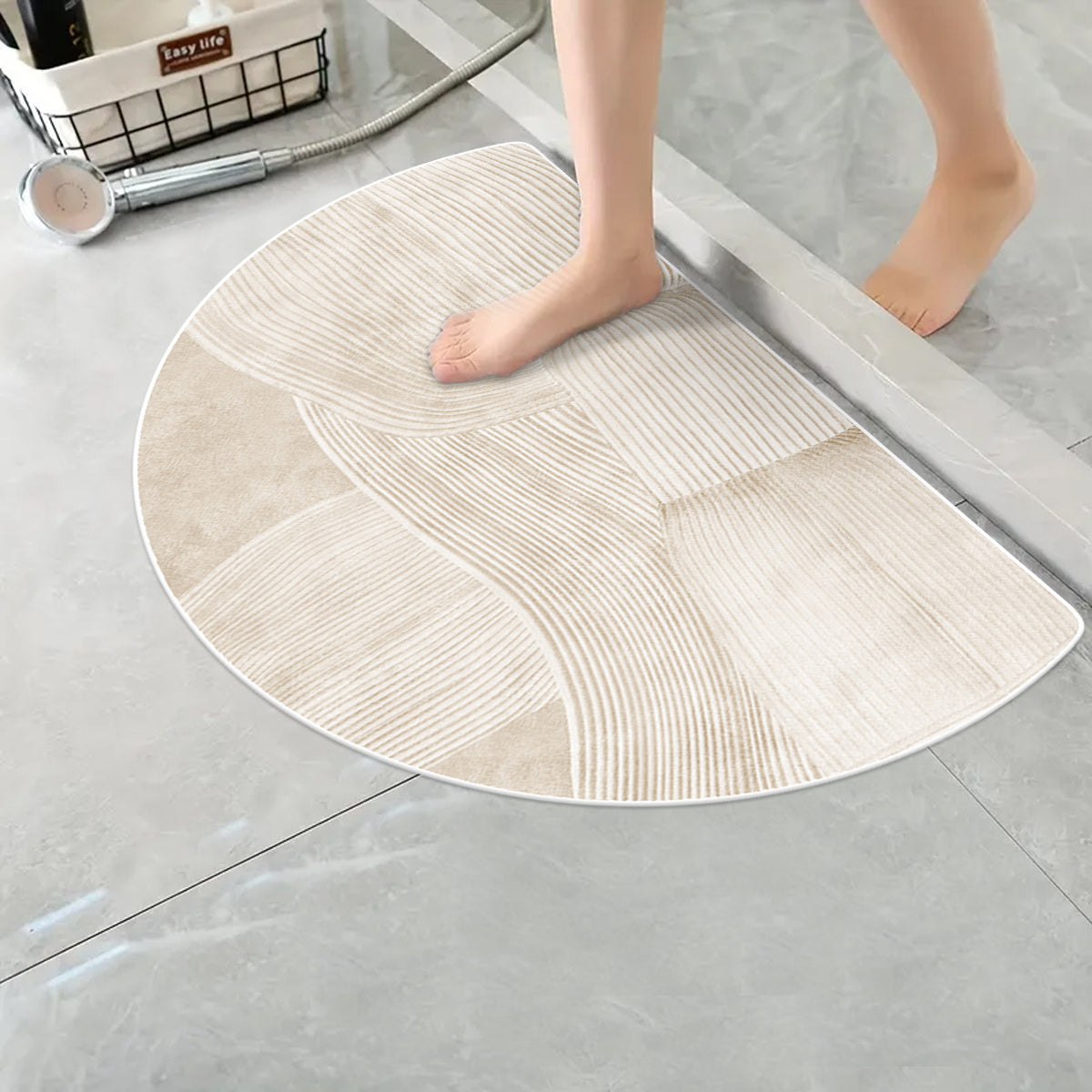 1pc, Soft Fleece Washed Base, Anti-Slip, Machine Washable, Easy Fold, 1100gsm, 4.3mm Thick, Half-Circle Doorway Mat, Minimalist Beige Irregular Line Bathroom Rug, Comfortable Plush Non-Slip Foot Mat for Home Entrance Decor