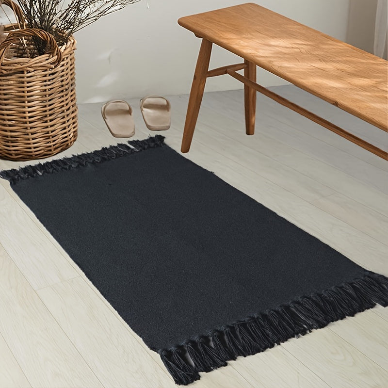 1pc Luxurious Handcrafted Tassel Runner Rug - Soft, Absorbent, Non-Skid, Durable, Machine Washable, Solid Color Braided Polyester Mat - Perfect for Entryway, Bedroom, Kitchen, Indoor Use
