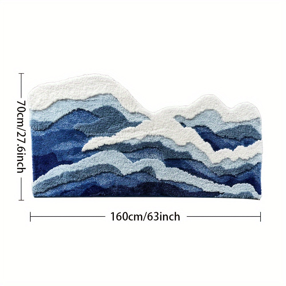 1pc Abstract Wave Design Flocked Bath Mat, Soft Comfortable Non-Slip Rubber Backed Polyester Blend, Machine Washable, Decorative Oblong Tufted Carpet for Bedroom, Living Room, and Coffee Table, Living Room Accent | Decorative Carpet | Nonslip Rubber