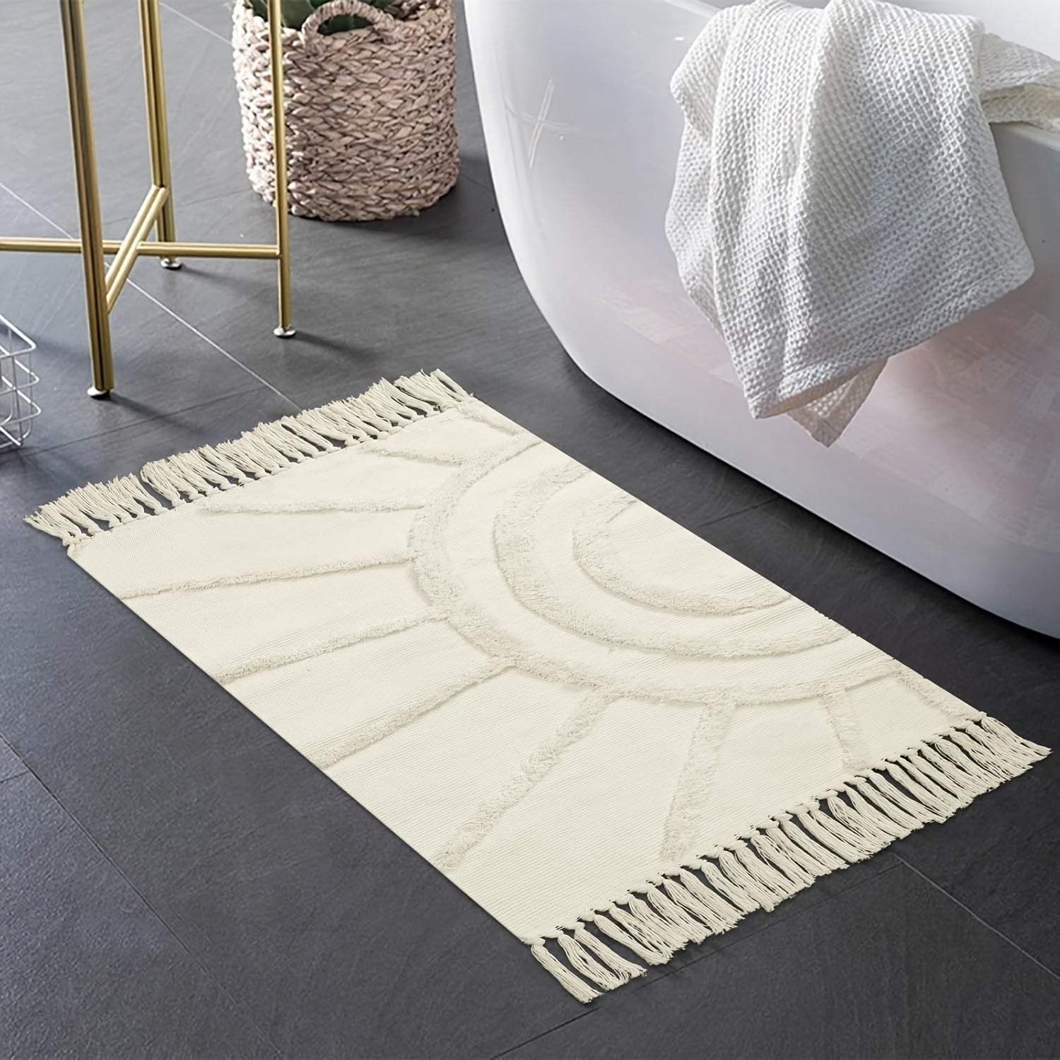 1pc Bohemian Sunburst Area Rug, Machine Washable Polyester Blend, Braided Rectangle Bath Mat, 2000gsm, 0.59inch Thick, Farmhouse Style Bedroom Carpet, Non-Slip Floor Covering for Living Room, Kitchen, Christmas Decor