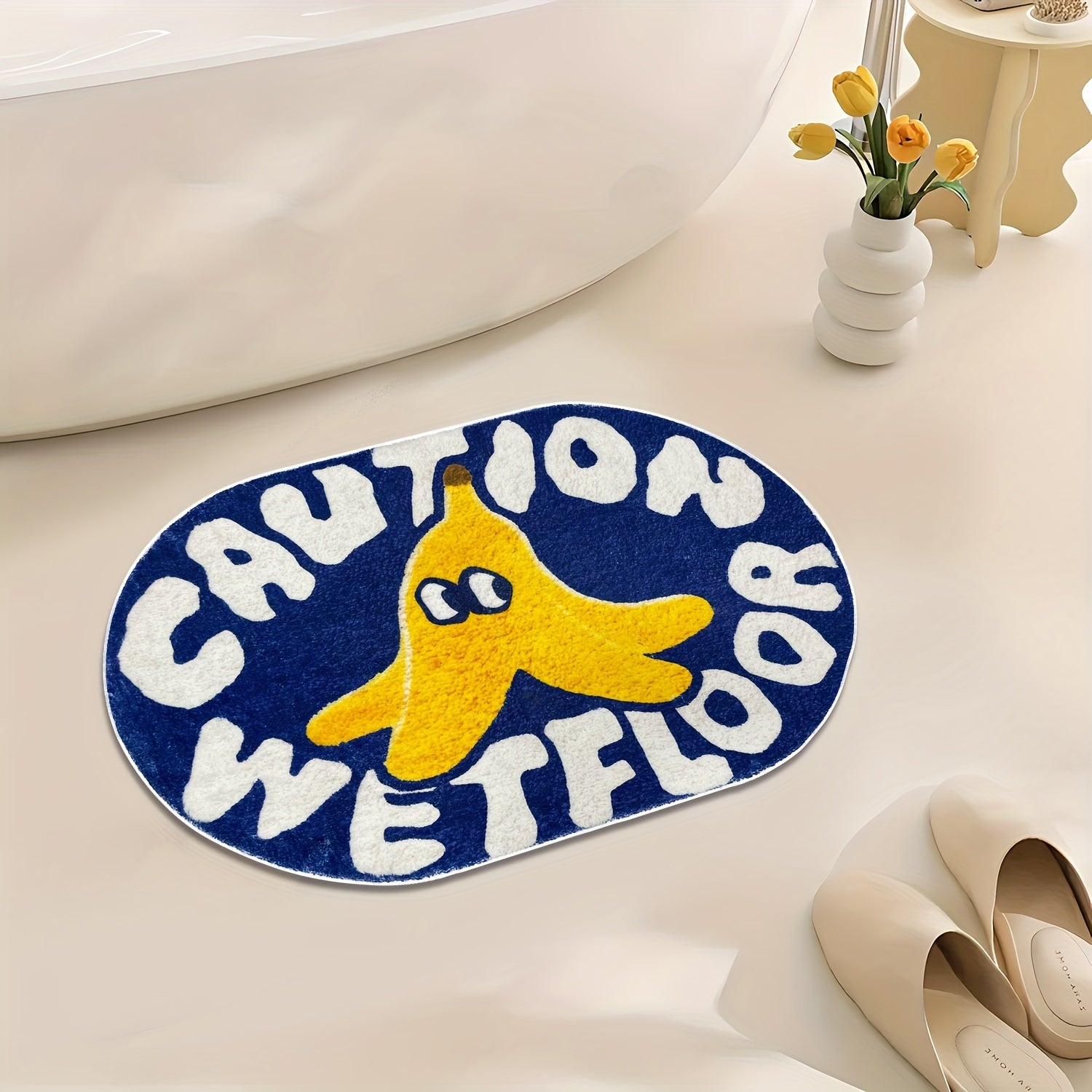 [Cartoon Carpet] 1pc Blue Cartoon Creative Caution Wet Floor Carpet | Soft and Comfortable Imitation Cashmere Material, TPR Non-slip Bottom Back | Suitable for Bathroom, Laundry Room, Kitchen, Washstand, Creative Door Mat and other Indoor Home Carpet