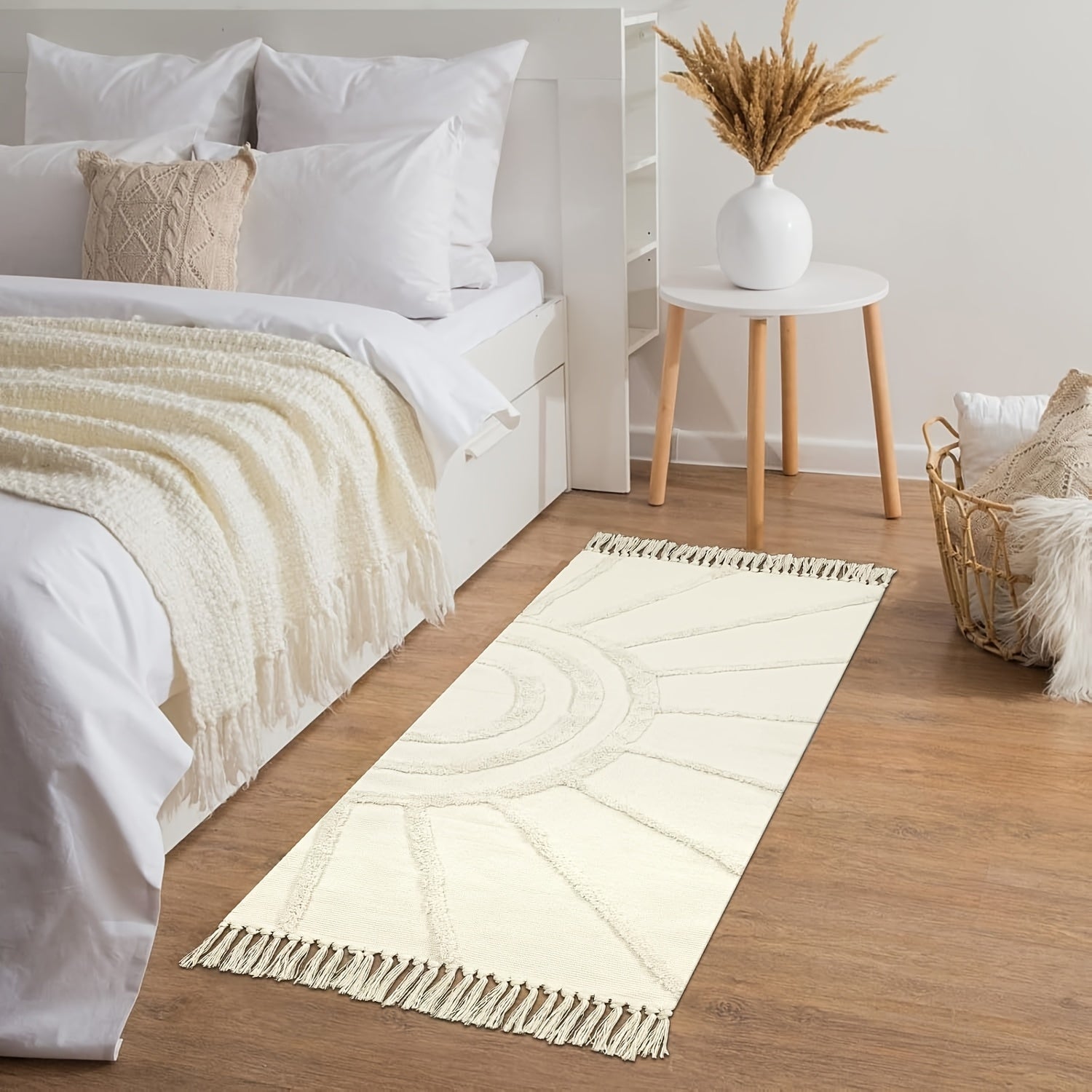 1pc Bohemian Sunburst Area Rug, Machine Washable Polyester Blend, Braided Rectangle Bath Mat, 2000gsm, 0.59inch Thick, Farmhouse Style Bedroom Carpet, Non-Slip Floor Covering for Living Room, Kitchen, Christmas Decor