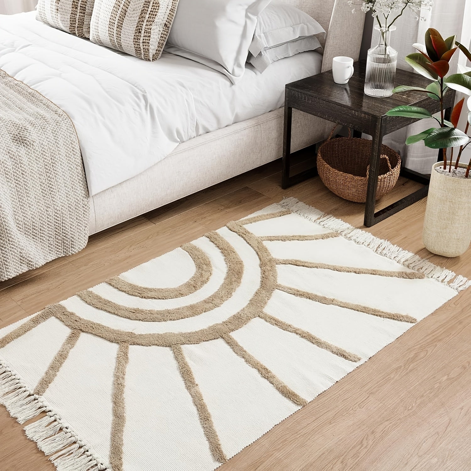 1pc Bohemian Sunburst Area Rug, Machine Washable Polyester Blend, Braided Rectangle Bath Mat, 2000gsm, 0.59inch Thick, Farmhouse Style Bedroom Carpet, Non-Slip Floor Covering for Living Room, Kitchen, Christmas Decor