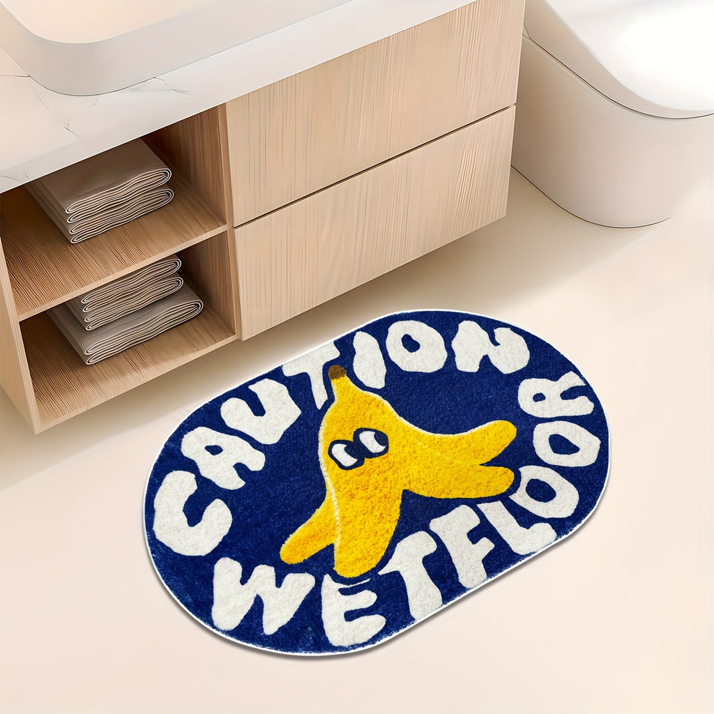 [Cartoon Carpet] 1pc Blue Cartoon Creative Caution Wet Floor Carpet | Soft and Comfortable Imitation Cashmere Material, TPR Non-slip Bottom Back | Suitable for Bathroom, Laundry Room, Kitchen, Washstand, Creative Door Mat and other Indoor Home Carpet