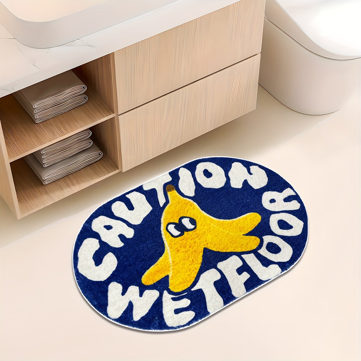 [Cartoon Carpet] 1pc Blue Cartoon Creative Caution Wet Floor Carpet | Soft and Comfortable Imitation Cashmere Material, TPR Non-slip Bottom Back | Suitable for Bathroom, Laundry Room, Kitchen, Washstand, Creative Door Mat and other Indoor Home Carpet