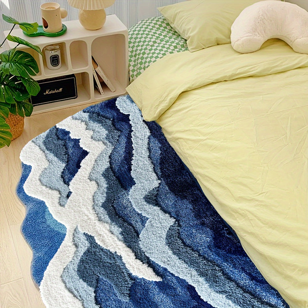 1pc Abstract Wave Design Flocked Bath Mat, Soft Comfortable Non-Slip Rubber Backed Polyester Blend, Machine Washable, Decorative Oblong Tufted Carpet for Bedroom, Living Room, and Coffee Table, Living Room Accent | Decorative Carpet | Nonslip Rubber