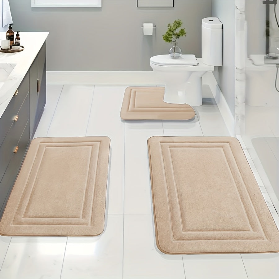 3pcs Soft Bath Mat Set, Non-Slip, Quick-Dry, Machine Washable, Polyester 100%, Handmade Knit Weave, Square Shape, Fade Resistant Bathroom Rug for Bedroom, Bathroom, Room Decor