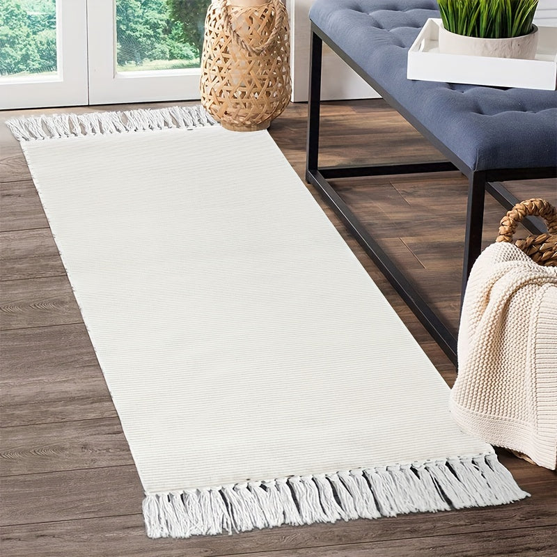 1pc Luxurious Handcrafted Tassel Runner Rug - Soft, Absorbent, Non-Skid, Durable, Machine Washable, Solid Color Braided Polyester Mat - Perfect for Entryway, Bedroom, Kitchen, Indoor Use