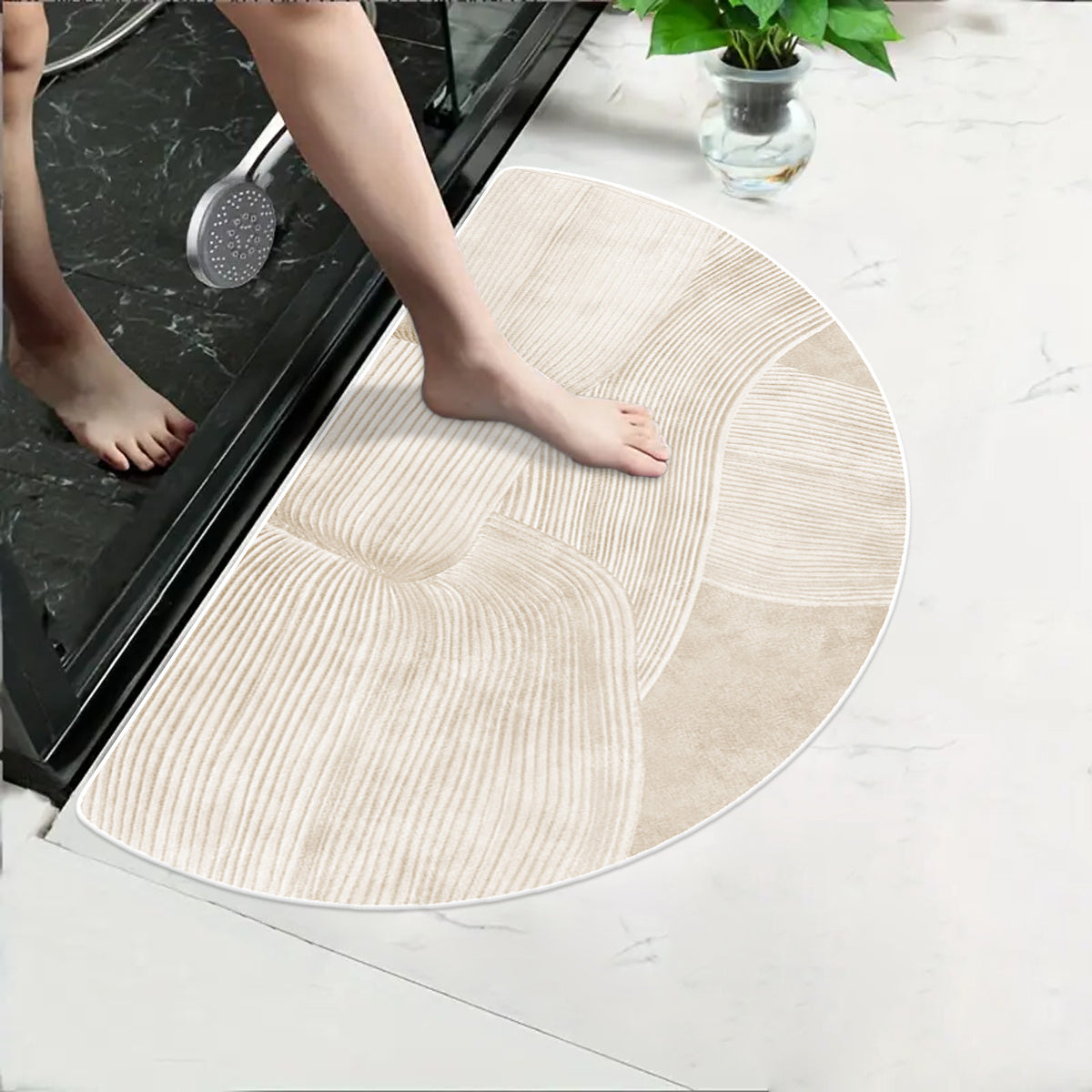 1pc, Soft Fleece Washed Base, Anti-Slip, Machine Washable, Easy Fold, 1100gsm, 4.3mm Thick, Half-Circle Doorway Mat, Minimalist Beige Irregular Line Bathroom Rug, Comfortable Plush Non-Slip Foot Mat for Home Entrance Decor