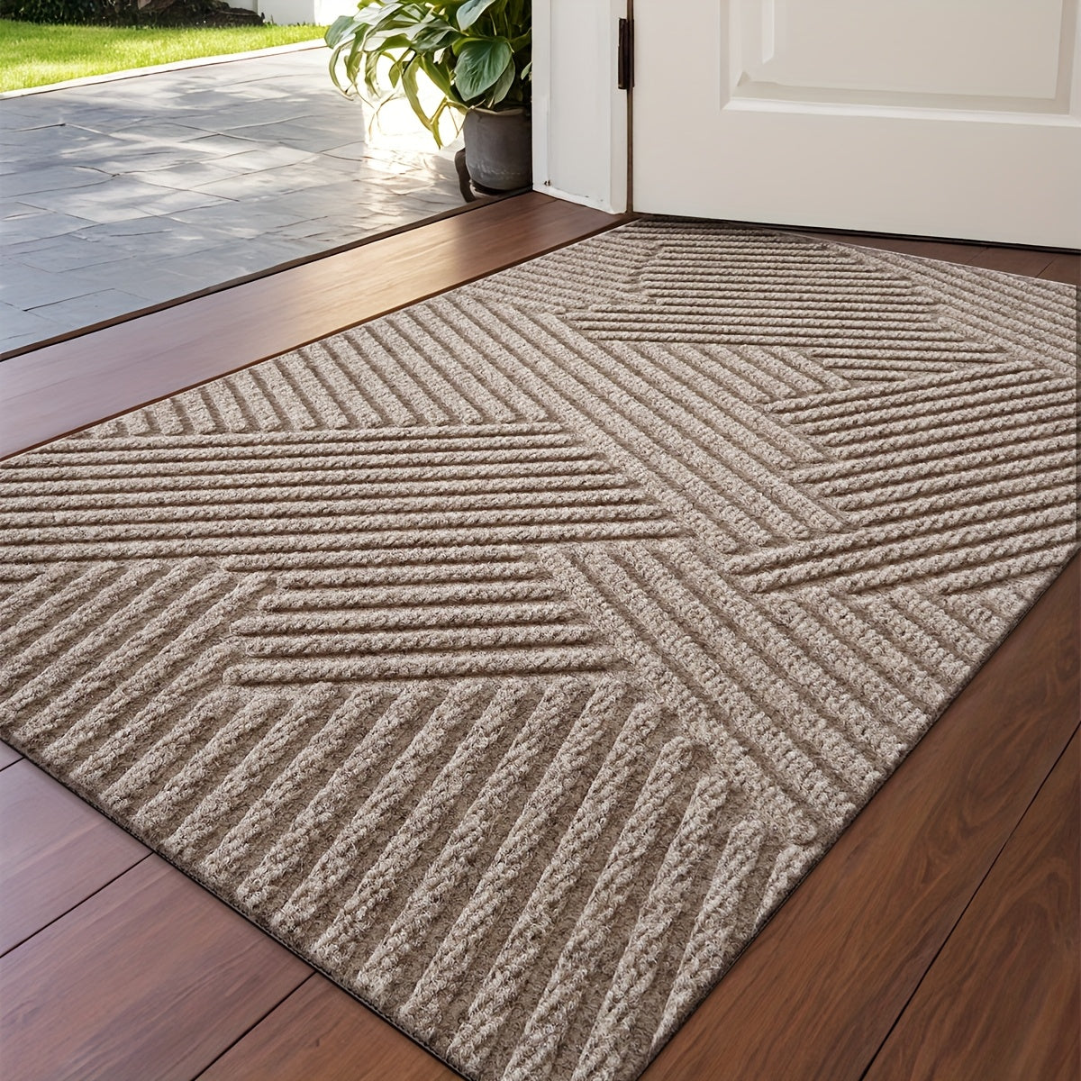 DAJIANG Geometric Stripe Non-Slip Mat - Durable Polyester 100., Hand Wash Only, Rectangular Entryway Mat for Home & Office, Christmas Decor & Gift, Beige & Brown Striped Design, Christmas Decor Mat | Modern Home Decor | Durable Mat, Christmas Decorations
