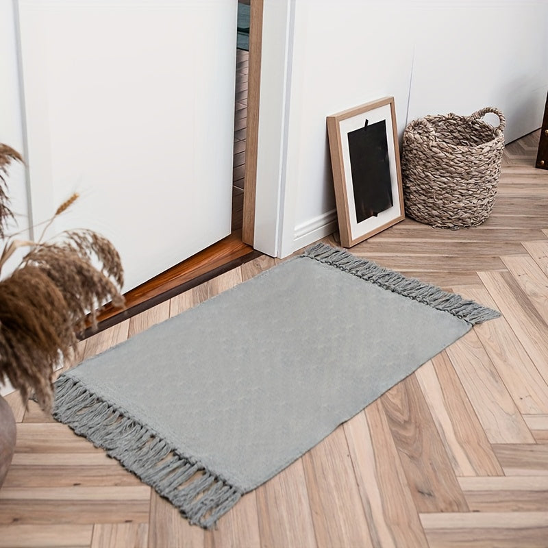 1pc Luxurious Handcrafted Tassel Runner Rug - Soft, Absorbent, Non-Skid, Durable, Machine Washable, Solid Color Braided Polyester Mat - Perfect for Entryway, Bedroom, Kitchen, Indoor Use