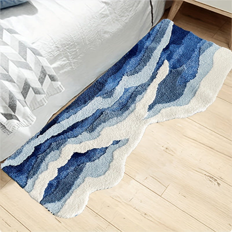 1pc Abstract Wave Design Flocked Bath Mat, Soft Comfortable Non-Slip Rubber Backed Polyester Blend, Machine Washable, Decorative Oblong Tufted Carpet for Bedroom, Living Room, and Coffee Table, Living Room Accent | Decorative Carpet | Nonslip Rubber