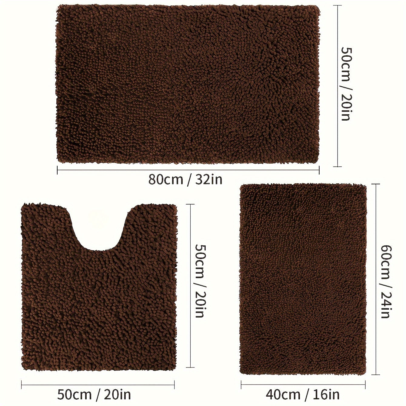 3pcs Chenille Bathroom Rugs Set - Ultra Absorbent Non-Slip Bath Mats, PVC Backed Polyester, Machine Washable Woven Bath Rug Contour Mat And Standard Mat Set, Fluffy Plush Winter Decor Decoration