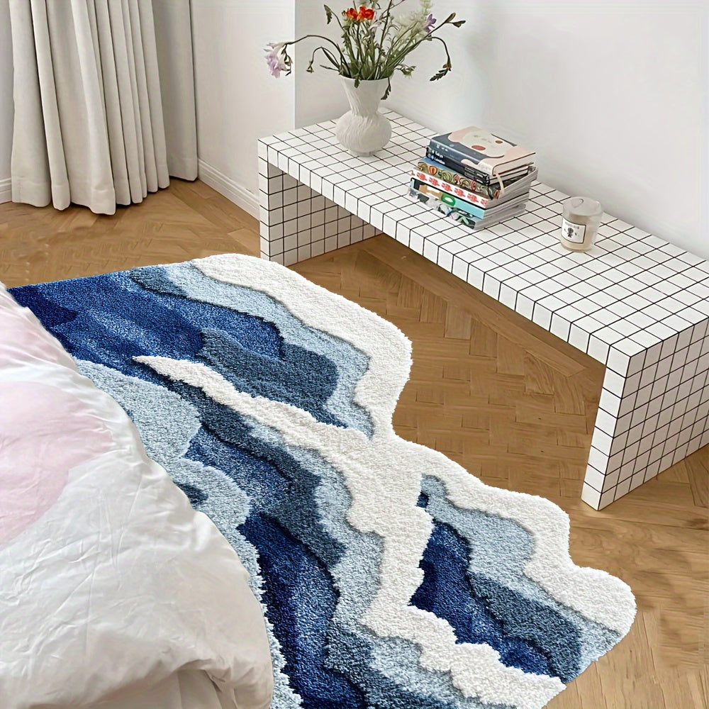 1pc Abstract Wave Design Flocked Bath Mat, Soft Comfortable Non-Slip Rubber Backed Polyester Blend, Machine Washable, Decorative Oblong Tufted Carpet for Bedroom, Living Room, and Coffee Table, Living Room Accent | Decorative Carpet | Nonslip Rubber