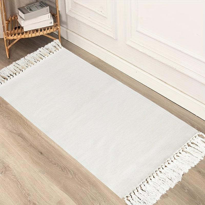 1pc Luxurious Handcrafted Tassel Runner Rug - Soft, Absorbent, Non-Skid, Durable, Machine Washable, Solid Color Braided Polyester Mat - Perfect for Entryway, Bedroom, Kitchen, Indoor Use