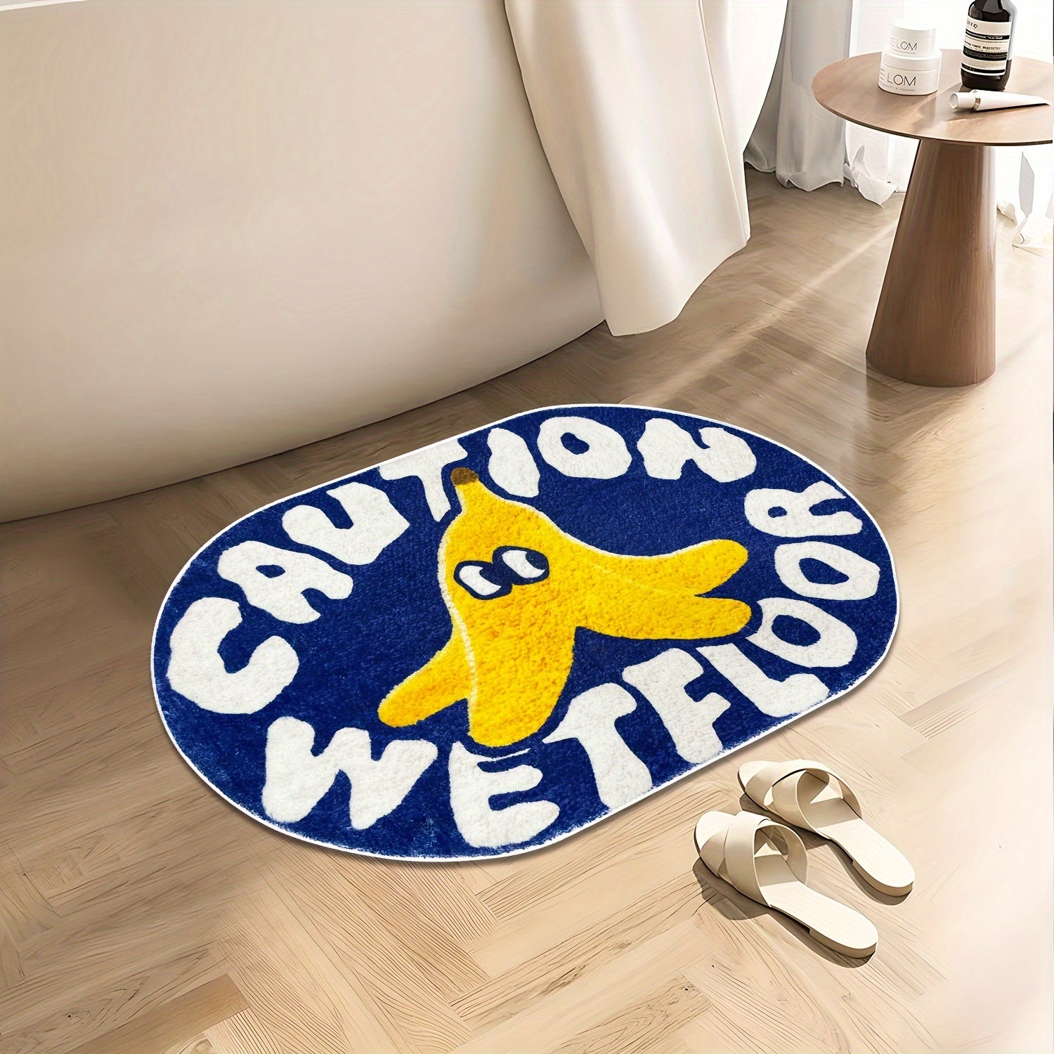 [Cartoon Carpet] 1pc Blue Cartoon Creative Caution Wet Floor Carpet | Soft and Comfortable Imitation Cashmere Material, TPR Non-slip Bottom Back | Suitable for Bathroom, Laundry Room, Kitchen, Washstand, Creative Door Mat and other Indoor Home Carpet