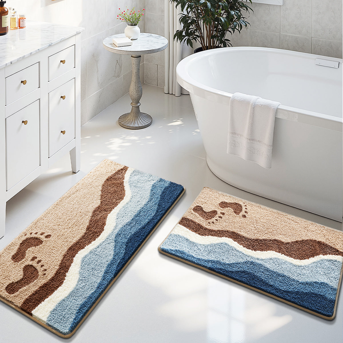 2PC Bathroom Mats Set,Soft Absorbent Bathroom Rug Floor Mats,Machine Washable Non-Slip Bathtub Mat, Summer Beach Design, Room Decor, For Sinks, Showers, Bathroom Accessories