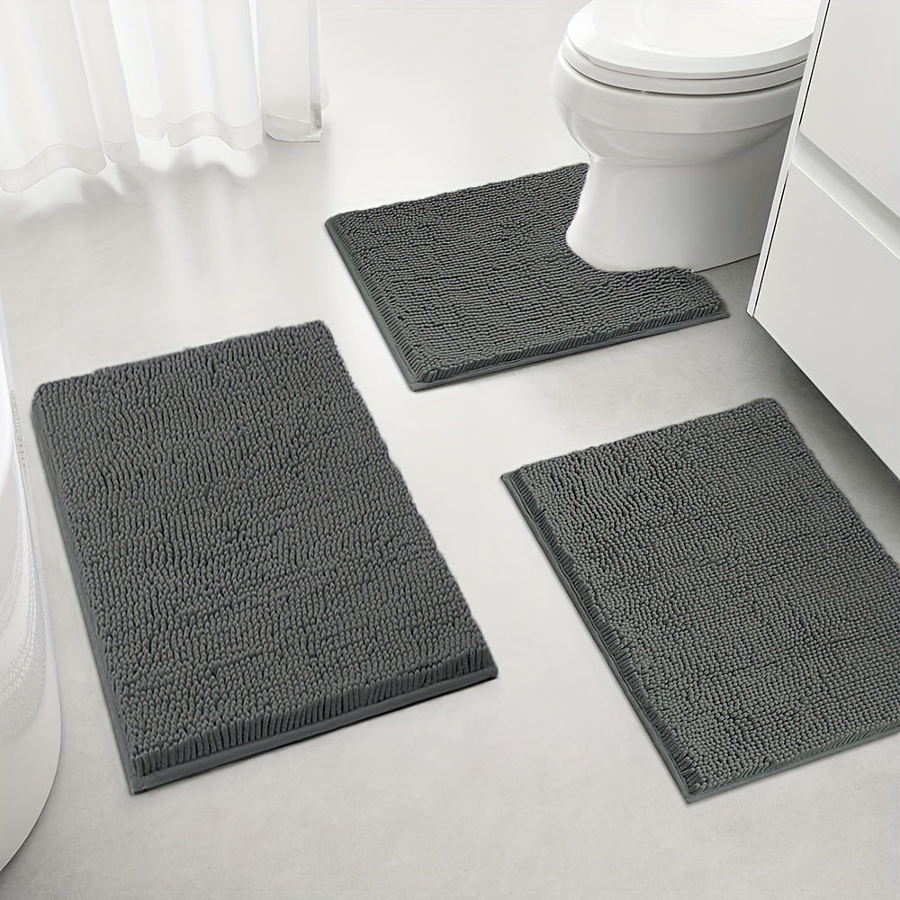 3pcs Chenille Bathroom Rugs Set - Ultra Absorbent Non-Slip Bath Mats, PVC Backed Polyester, Machine Washable Woven Bath Rug Contour Mat And Standard Mat Set, Fluffy Plush Winter Decor Decoration