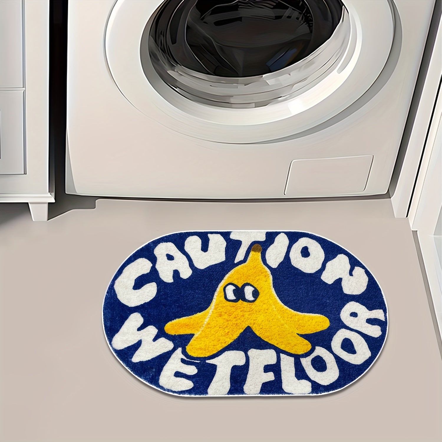 [Cartoon Carpet] 1pc Blue Cartoon Creative Caution Wet Floor Carpet | Soft and Comfortable Imitation Cashmere Material, TPR Non-slip Bottom Back | Suitable for Bathroom, Laundry Room, Kitchen, Washstand, Creative Door Mat and other Indoor Home Carpet