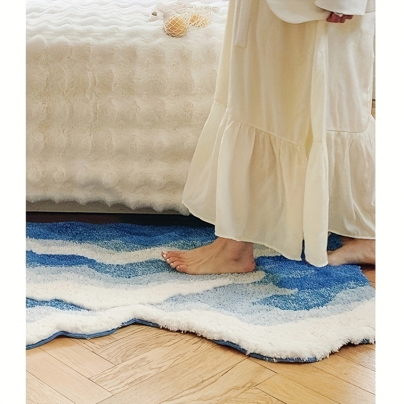 1pc Sea Wave Flocking Bathroom Non-slip Mat, Front Bed Blanket, Coffee Table Non-slip Blue Special-shaped Living Room Bedroom Foot Pad, Floor Mat fluffy plush winter decor