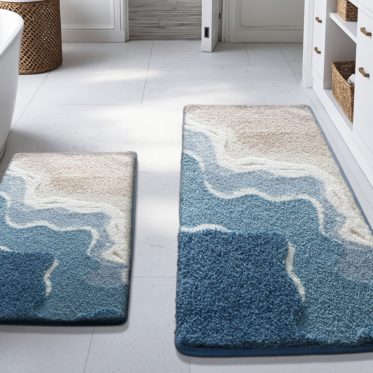 2PC Bathroom Mats Set,Soft Absorbent Bathroom Rug Floor Mats,Machine Washable Non-Slip Bathtub Mat, Summer Beach Design, Room Decor, For Sinks, Showers, Bathroom Accessories