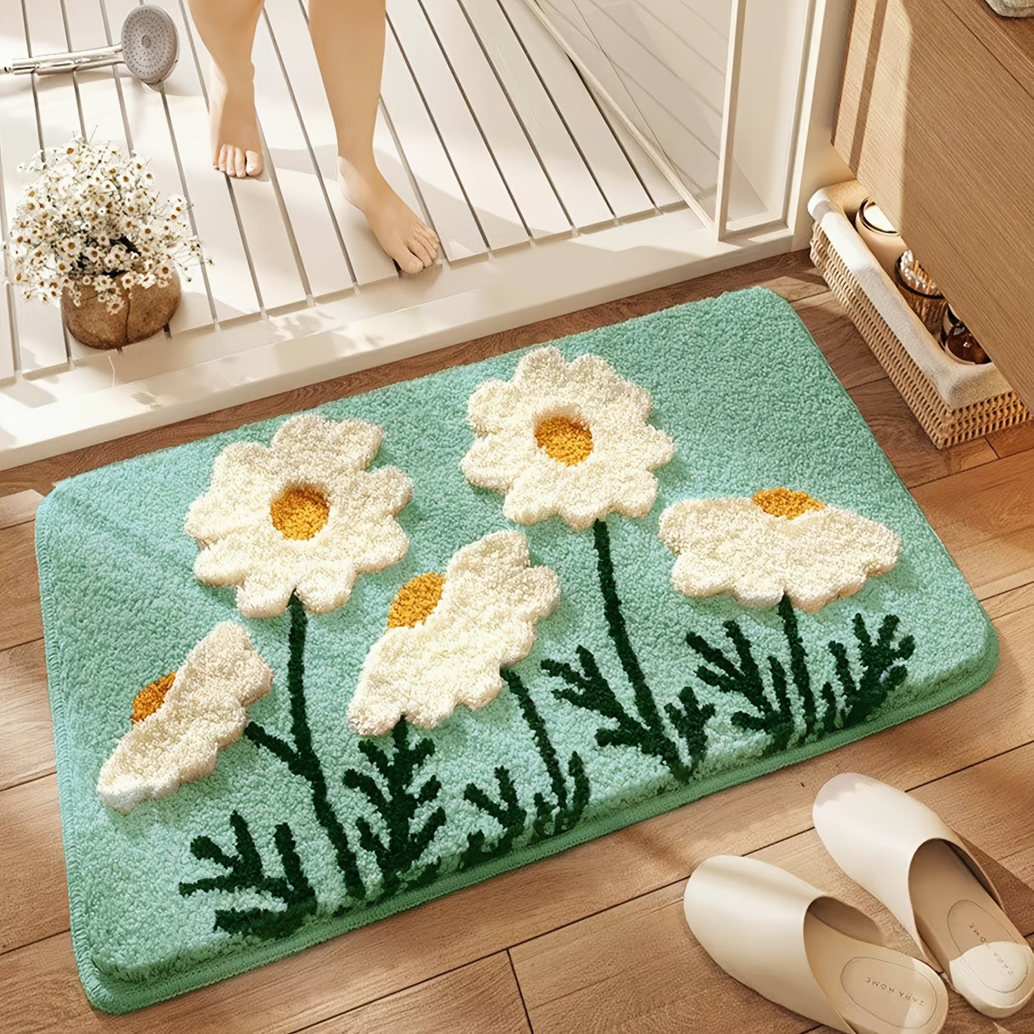 1pc Ultra-Soft Plush Fabric Flower-Shaped Bath Mat with Non-Slip TPR Backing, Polyester Super Absorbent Rectangular Bathroom Rug, 3D High-Low Texture, Machine Washable Home Decor Bathtub Carpet