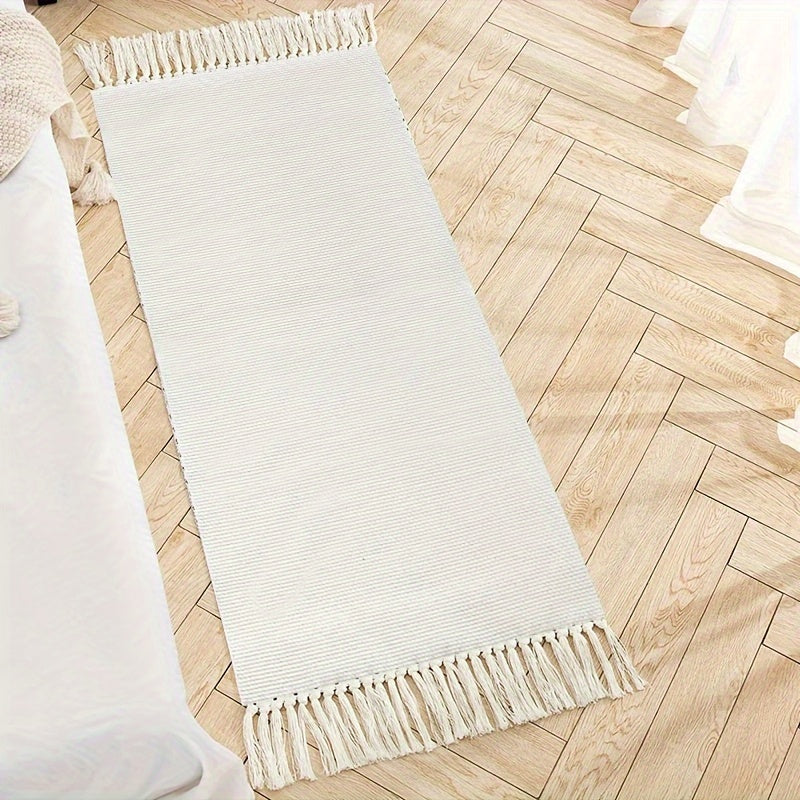 1pc Luxurious Handcrafted Tassel Runner Rug - Soft, Absorbent, Non-Skid, Durable, Machine Washable, Solid Color Braided Polyester Mat - Perfect for Entryway, Bedroom, Kitchen, Indoor Use