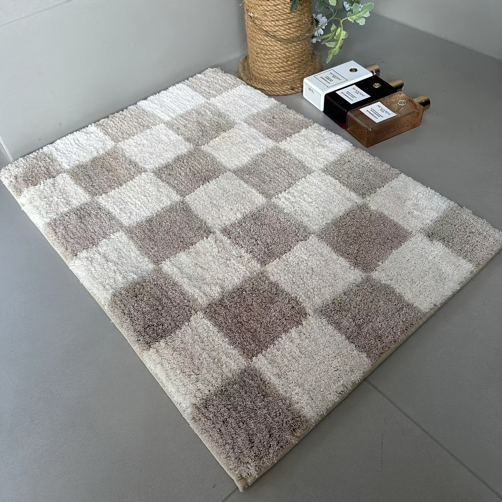 HOMEVER Checkered Non-Slip Bath Mat - Soft Microfiber, Absorbent, Machine Washable, Luxurious Trimmed Door Mat for Bathroom, Shower Area, and Home Decor, Available in Two Sizes, Bathroom Mat|Checkered Pattern|Machine Washable Mat, Bathroom Mat
