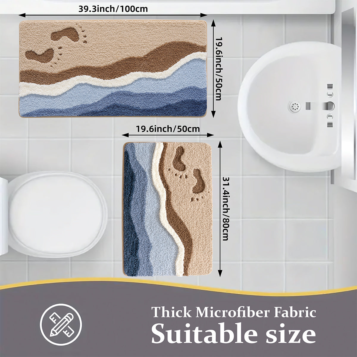 2PC Bathroom Mats Set,Soft Absorbent Bathroom Rug Floor Mats,Machine Washable Non-Slip Bathtub Mat, Summer Beach Design, Room Decor, For Sinks, Showers, Bathroom Accessories
