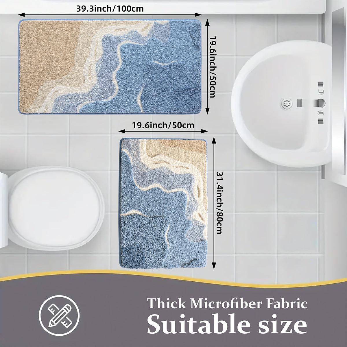 2PC Bathroom Mats Set,Soft Absorbent Bathroom Rug Floor Mats,Machine Washable Non-Slip Bathtub Mat, Summer Beach Design, Room Decor, For Sinks, Showers, Bathroom Accessories