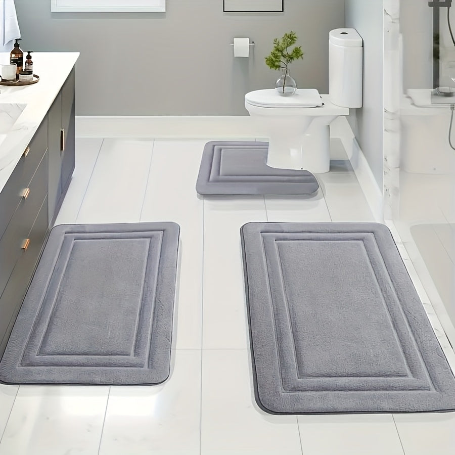 3pcs Soft Bath Mat Set, Non-Slip, Quick-Dry, Machine Washable, Polyester 100%, Handmade Knit Weave, Square Shape, Fade Resistant Bathroom Rug for Bedroom, Bathroom, Room Decor