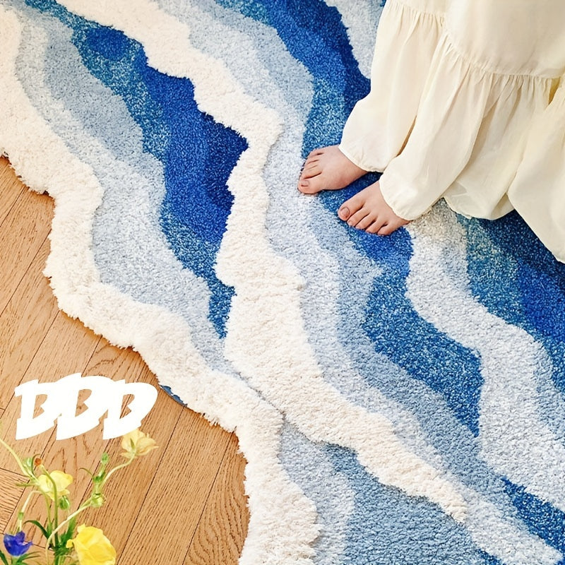 1pc Sea Wave Flocking Bathroom Non-slip Mat, Front Bed Blanket, Coffee Table Non-slip Blue Special-shaped Living Room Bedroom Foot Pad, Floor Mat fluffy plush winter decor