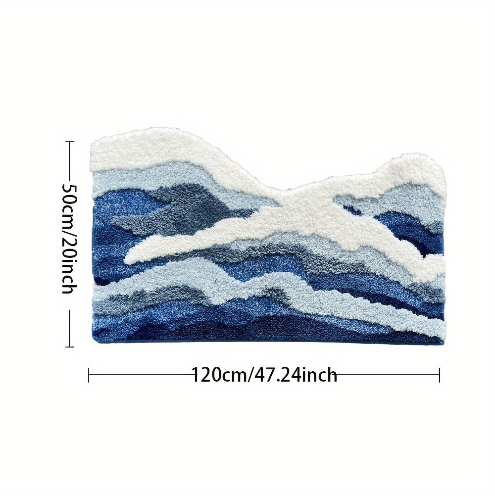 1pc Abstract Wave Design Flocked Bath Mat, Soft Comfortable Non-Slip Rubber Backed Polyester Blend, Machine Washable, Decorative Oblong Tufted Carpet for Bedroom, Living Room, and Coffee Table, Living Room Accent | Decorative Carpet | Nonslip Rubber