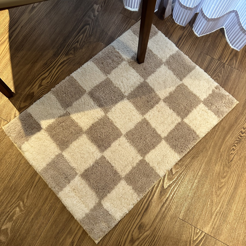 HOMEVER Checkered Non-Slip Bath Mat - Soft Microfiber, Absorbent, Machine Washable, Luxurious Trimmed Door Mat for Bathroom, Shower Area, and Home Decor, Available in Two Sizes, Bathroom Mat|Checkered Pattern|Machine Washable Mat, Bathroom Mat