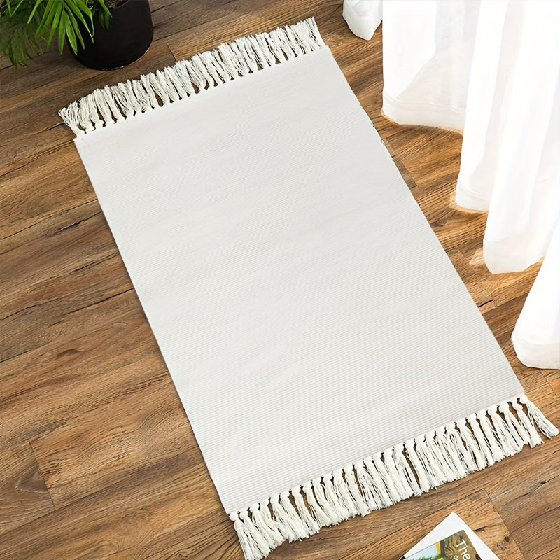 1pc Luxurious Handcrafted Tassel Runner Rug - Soft, Absorbent, Non-Skid, Durable, Machine Washable, Solid Color Braided Polyester Mat - Perfect for Entryway, Bedroom, Kitchen, Indoor Use