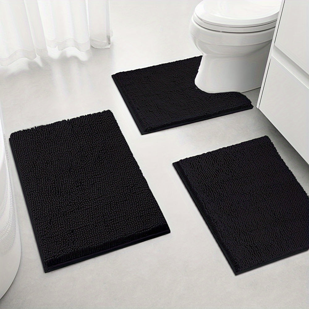 3pcs Chenille Bathroom Rugs Set - Ultra Absorbent Non-Slip Bath Mats, PVC Backed Polyester, Machine Washable Woven Bath Rug Contour Mat And Standard Mat Set, Fluffy Plush Winter Decor Decoration