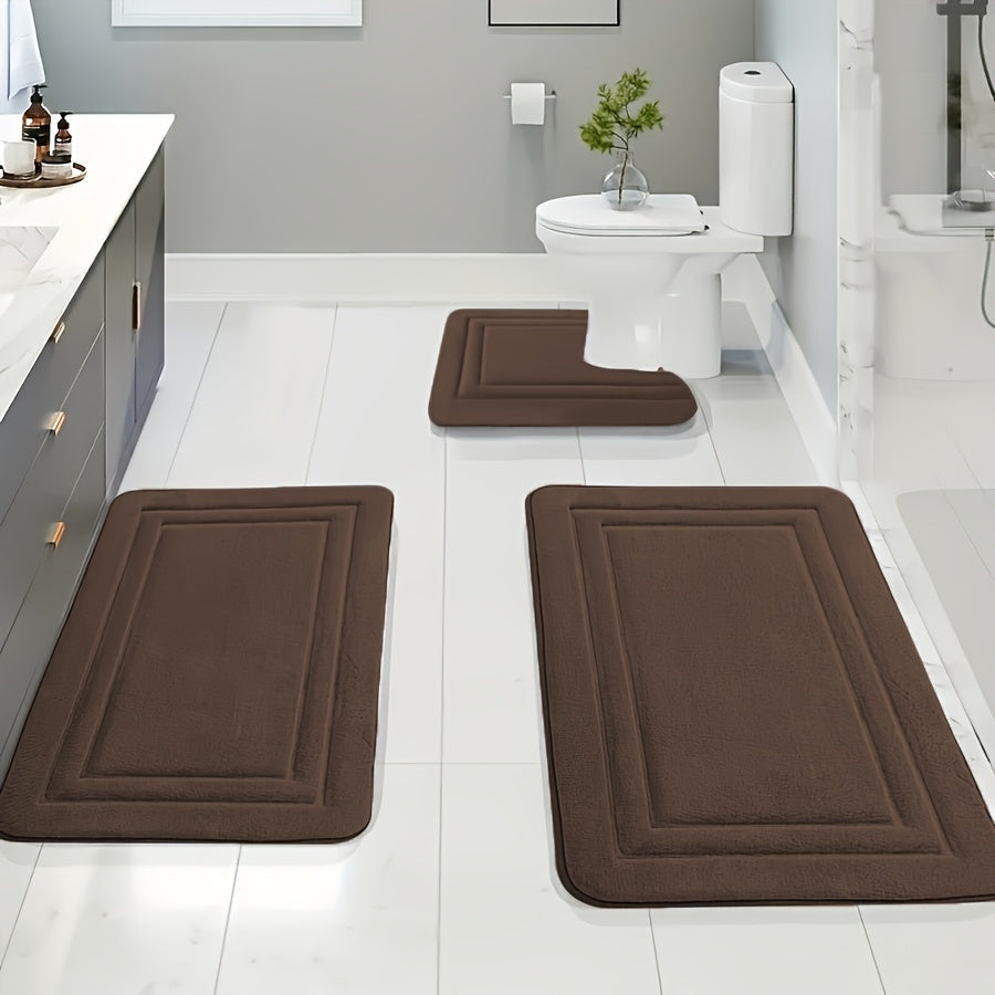 3pcs Soft Bath Mat Set, Non-Slip, Quick-Dry, Machine Washable, Polyester 100%, Handmade Knit Weave, Square Shape, Fade Resistant Bathroom Rug for Bedroom, Bathroom, Room Decor