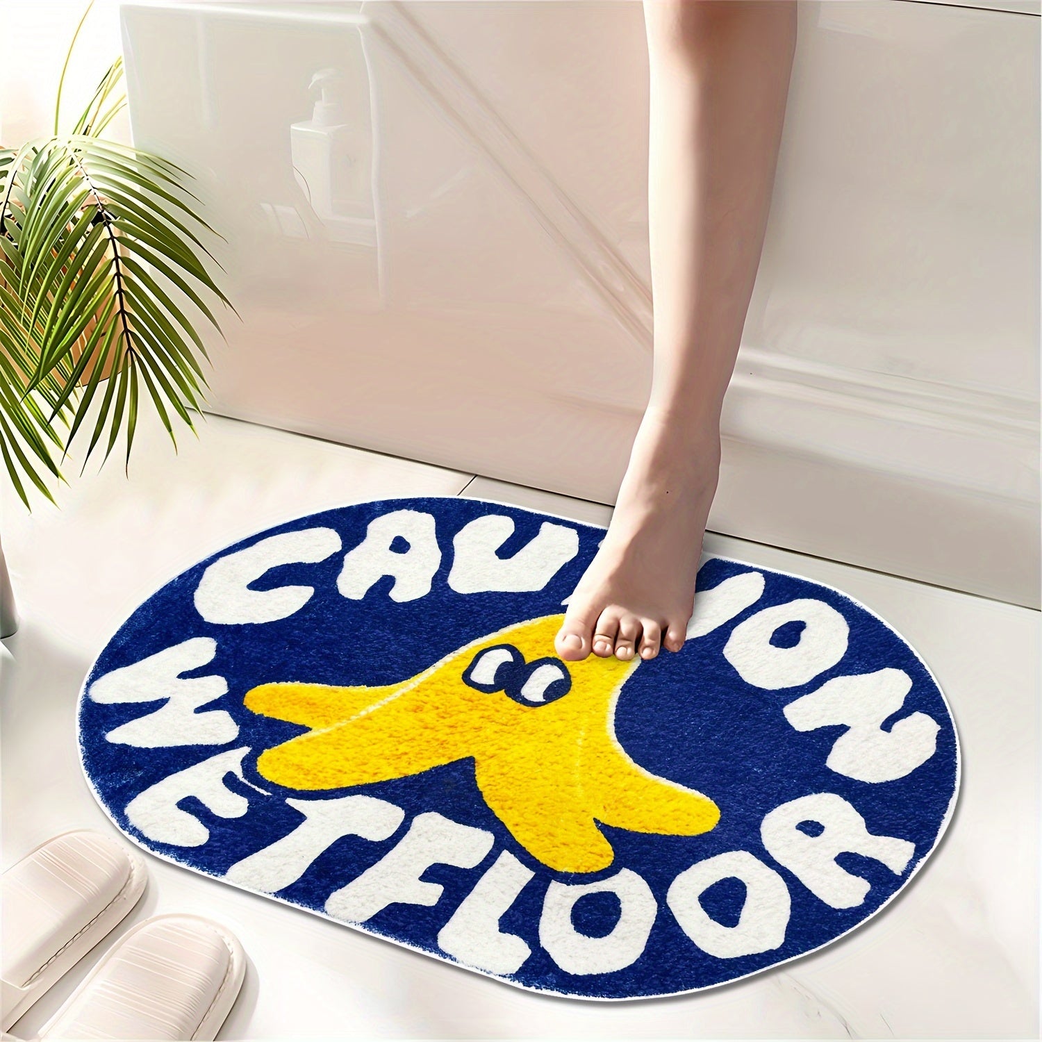 [Cartoon Carpet] 1pc Blue Cartoon Creative Caution Wet Floor Carpet | Soft and Comfortable Imitation Cashmere Material, TPR Non-slip Bottom Back | Suitable for Bathroom, Laundry Room, Kitchen, Washstand, Creative Door Mat and other Indoor Home Carpet