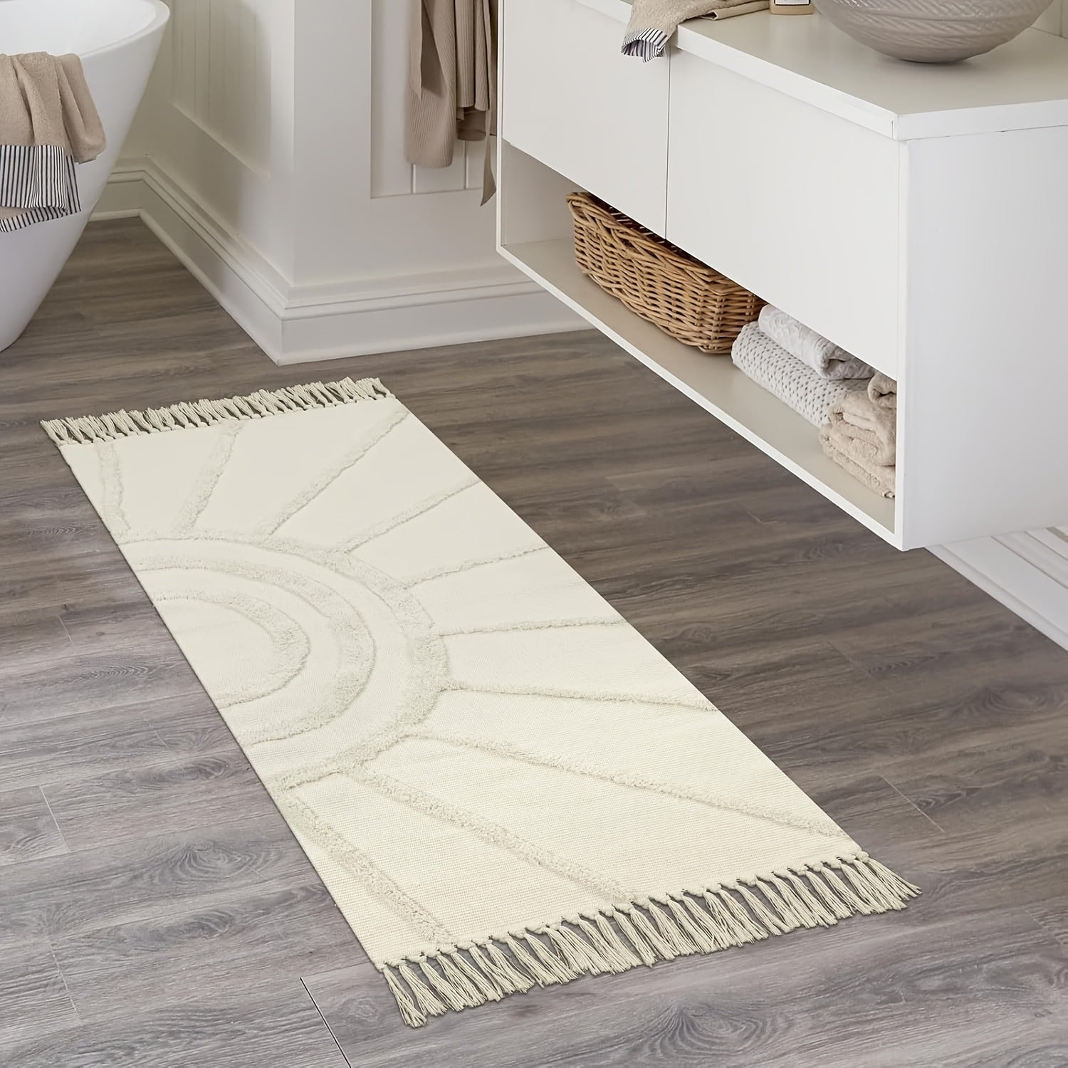 1pc Bohemian Sunburst Area Rug, Machine Washable Polyester Blend, Braided Rectangle Bath Mat, 2000gsm, 0.59inch Thick, Farmhouse Style Bedroom Carpet, Non-Slip Floor Covering for Living Room, Kitchen, Christmas Decor